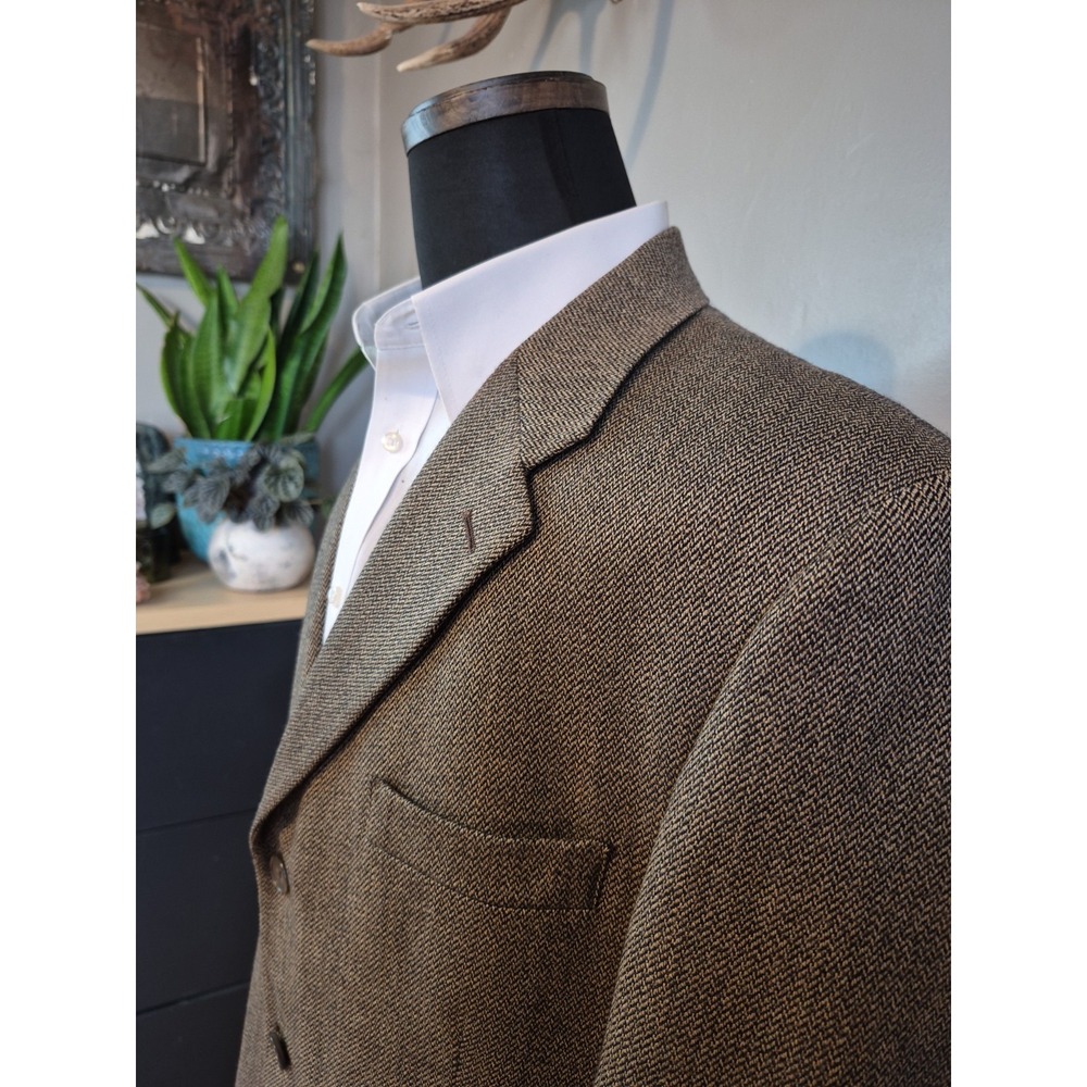 Claiborne Mens Vintage Wool Sport Coat 44R Beige Herringbone 3 Button Blazer